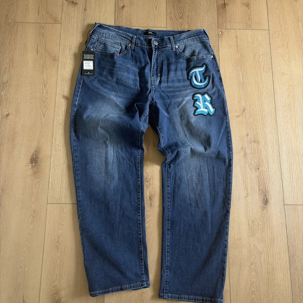True Religion Bobby Applique Relaxed Baggy Jeans Size 36 Medium Blaze Wash NWT